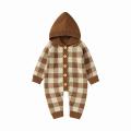 Newborn Hooded Knit Jumpsuit, Toddler Casual Plaid Pattern Long Sleeve Button Romper. 