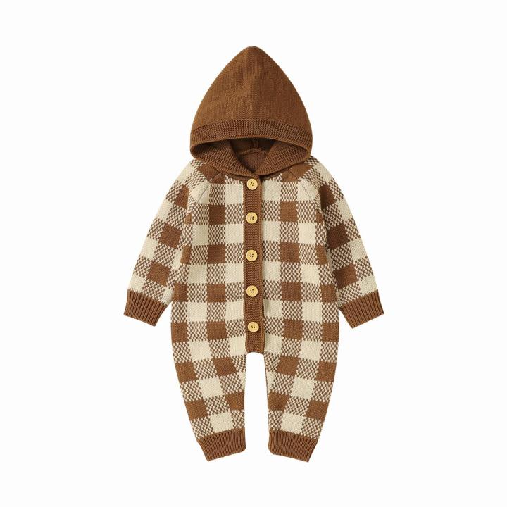 Newborn Hooded Knit Jumpsuit, Toddler Casual Plaid Pattern Long Sleeve Button Romper