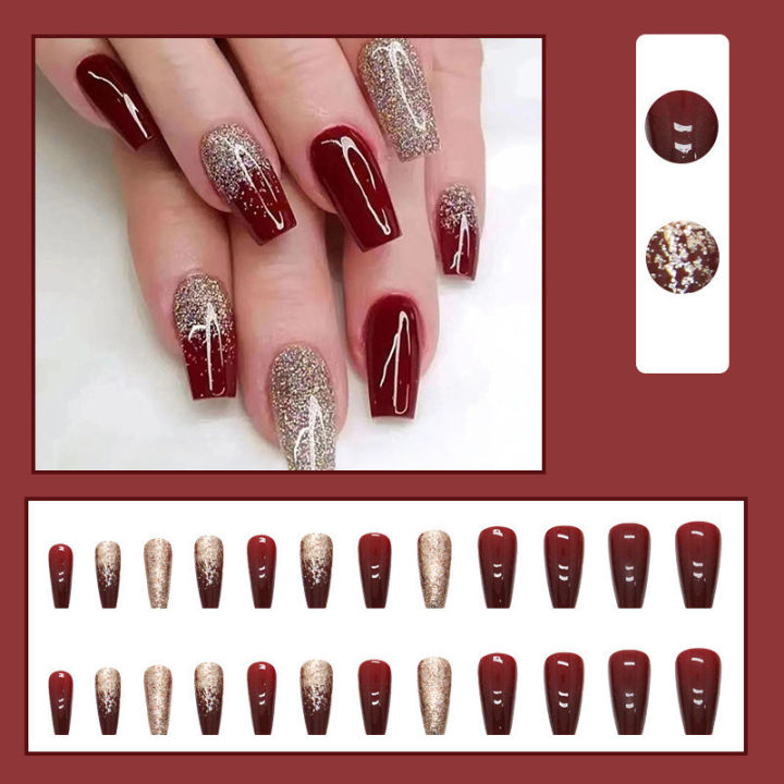 24Pcs%20Long%20Red%20Fake%20Nails%20Gold%20False%20Nails%20Wearable%20Artificial%20Nails%20with%20Glue%20for%20Women%20Girl%20-%20Image%202