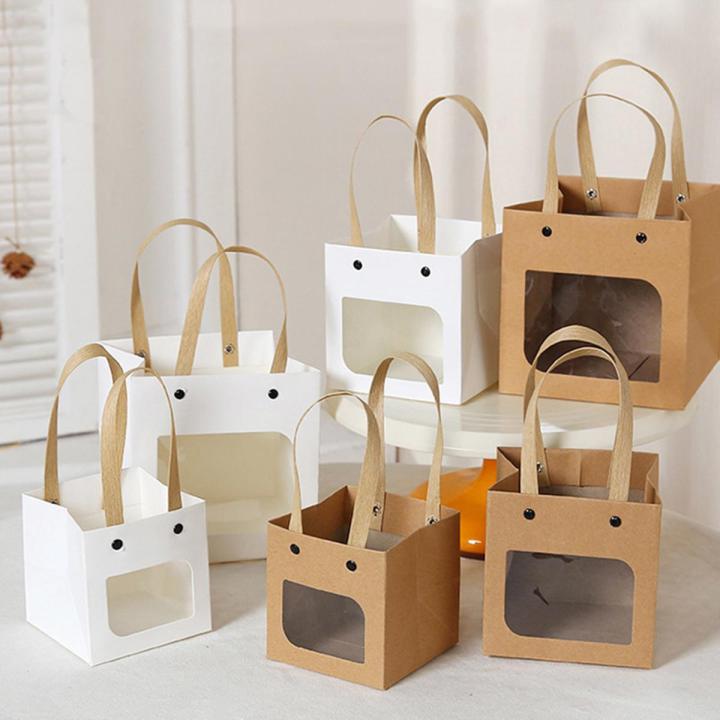 1Piece Brown White Cake Square Bottom Gift Box Handle Thick Window Show Portable Gift Bag Rivet Kraft Paper Folding Package Box