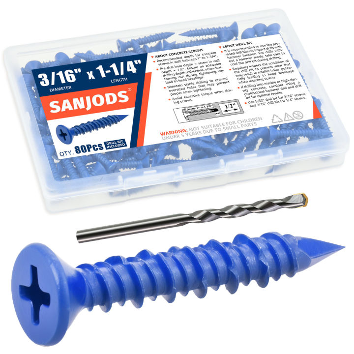 3/16 or 1/4 Concrete Screw Anchor Blue Flat Head Screws for Masonry Brick Block Cement Stucco (Boxed with Drill Bit)
