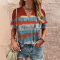 Vintage V-Neck Women's T-Shirt Summer Short Sleeve Tee Casual Haruku Stripe Print T Shirt for Women Streetwear Pullover Tops. 