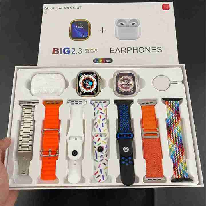 Orignal i20 Ultra 2 Max Suit Smart Watch10 in 1 Box 2.3inch Large Screen Display 7 Straps in 1 Smart Watch For Boys Girls Men Women with Earbuds Multi sport Waterproof Sleeping Call Heartbeat Rate Monitoring