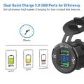 Quick Charge 3.0 Dual USB Charger Socket Aluminum Power Outlet Fast Charge with LED Voltmeter for 12V 24V Car Boat Marine ATV RV（Blue). 