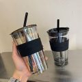 450ml Glass Tumbler with Straw, Lid & Leather Sleeve, Reusable Coffee Mug for direct drinking, Mug for Fruit Juice and Milk Shake Coffee Cup. 