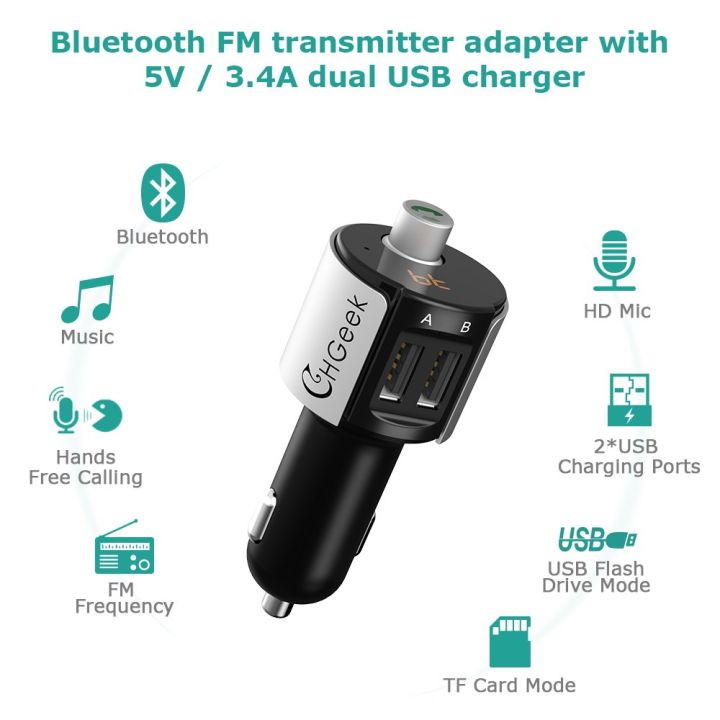 Bluetooth FM Transmittêr, CHGeek Wireless In Car Radio Adapter Hands free Call Car Kit MP3 Player 3.4A Dual USB Car Charger with Display for iPhone X 8 7 įPad įPod Samsung Android CH05