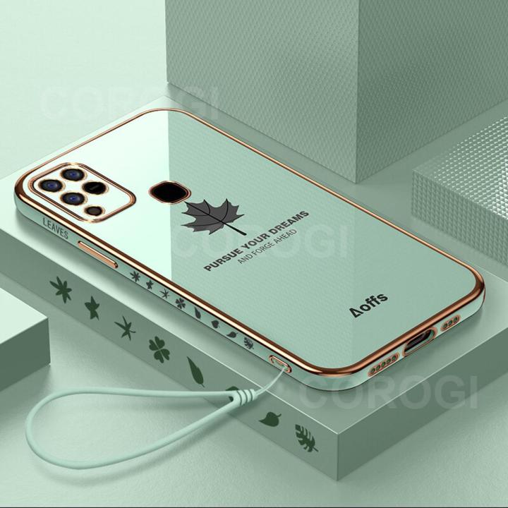 For Infinix Hot 10s / Hot 10s NFC Back Cover with Lanyard Fashion Shiny Plating Maple Leaf Design Camera Lens Protection Square Edge Soft Silicone Protective Phone Case