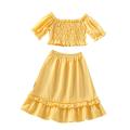 Little Girls Two-Piece Outfits, Solid Color Short Sleeve Off Shoulder Pleated Crop Tops + Ruffles Long Skirt. 