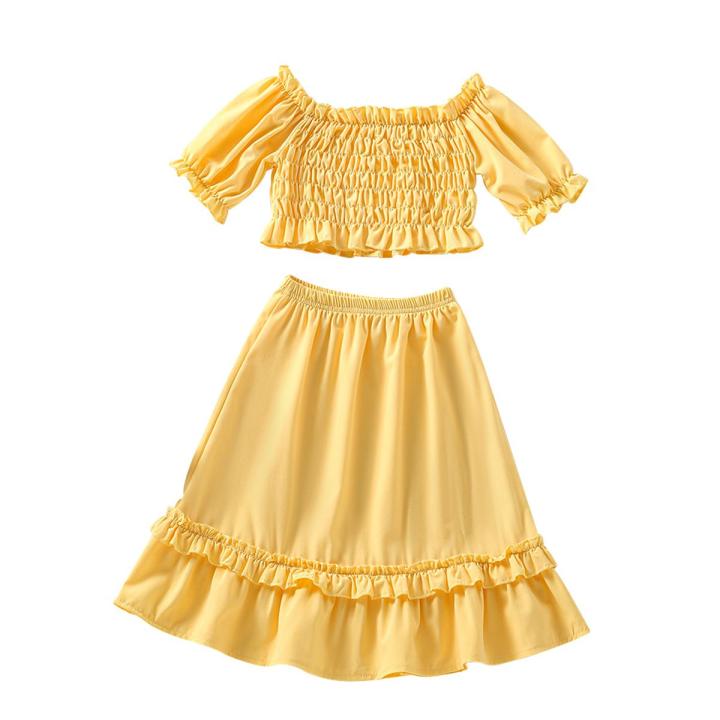 Little Girls Two-Piece Outfits, Solid Color Short Sleeve Off Shoulder Pleated Crop Tops + Ruffles Long Skirt
