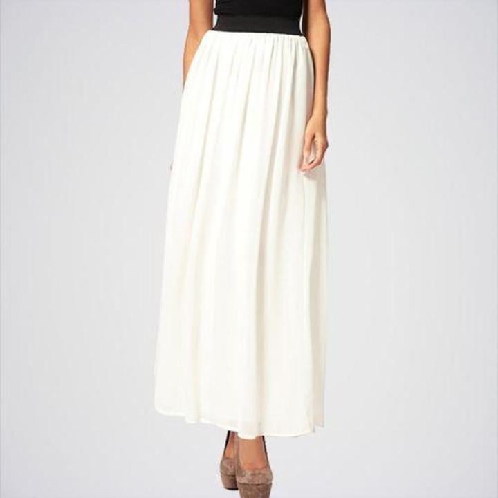 Women White Stylish Pleated Chiffon Long Skirt. E4H 110152