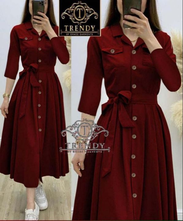 Designer%20Shirt%20Collar%20Frock%20Open%20Style%20with%20Belt%20-%201%20PC%20(Shirt%20/%20Kameez%20and%20Trouser%20/%20Shalwar)%20by%20Turbo%20Fashion%20Dress%20For%20Girls/%20Women%20-%20Image%205