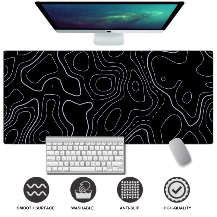 black Topographic Mousepad Extended Game Mousepad Large Gaming Mousepad Stitched Edge Deskpad