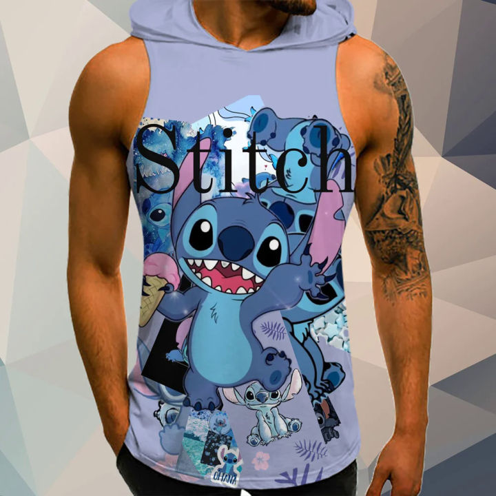 Disney Stitch Streetwear Gym Tops T-shirts for Men Y2k Men's Clothing Top Short Sleeve Tee Hooded Oversized T-shirt High Quality