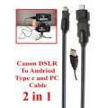 Combo Pack - 2 in 1 For Mobile Android Type C And PC Canon DSLR Camera Data Cable Also Works With MP3 MP4 V3 550D 500D 600D 650D 700D 750D 760D 77D 800D 70D 60D 50D 5D 7D 6D 80D 7MKII 1000D 1200D 1100D 1200D 1300D 4000D 1500D 3000D. 