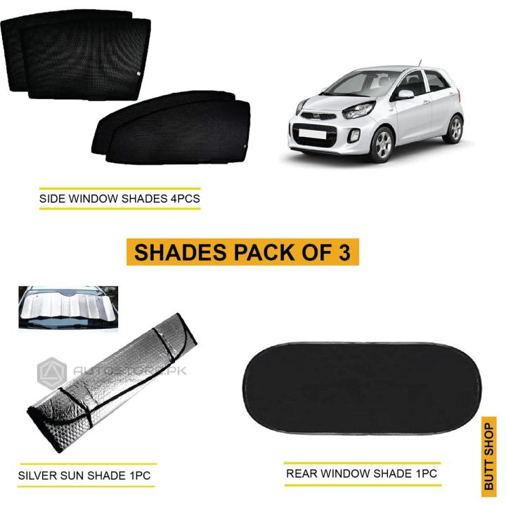 KIA PICANTO COMPLETE SHADES FOR CAR PACK OF 3 ,SIDES WINDOW SHADES 4PCS ,REAR WINDOW SHADE 1PC, WINDSCREEN SILVER SUN SHADE 1PC