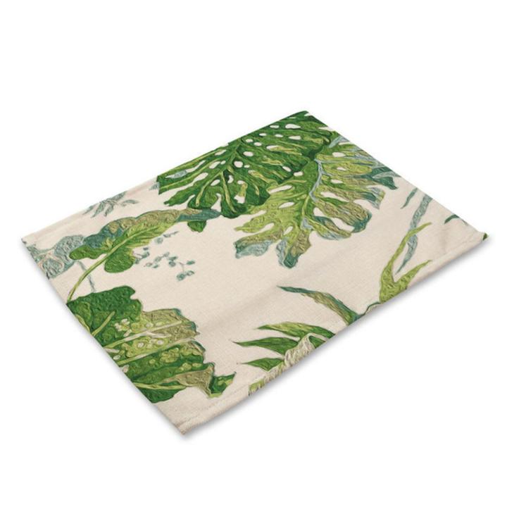 1Pcs Green Leaf Plant Pattern Dining Table Mats Kitchen Placemat Coaster Cotton Linen Pad Bowl Cup Mat 42*32cm Home Decor MP0029