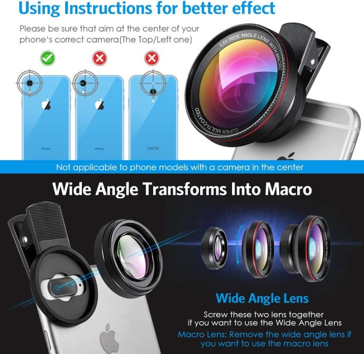 Phone Camera Lens, 0.6X Super Wide Angle Lens, 4K HD Super 15X Macro Lens,  Fish Eye Lens  180* 2 in 1, 2Clip-On Cell Phone Lens Attachment Kit for iPhone, Samsung, PC, Other Smartphones.