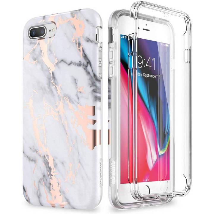 SURITCH for iPhone 7 Plus Case iPhone 8 Plus Cover 360 Protection Silicone Back Cover with Built in Screen Protector Slim Thin Bumper Shockproof iPhone 7 Plus / 8 Plus Case Marble Gold