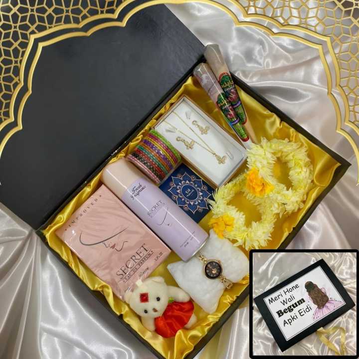 meri hone wali begum apki Eidi gift for girls / Eid gift box for women / Apki Eidi printed gifts boxes - perfume - body spray - watch - butterfly locket set - teddy bear - churi - gajray - mehndi cones / gift for wife - fiance - mother - sister on Eid
