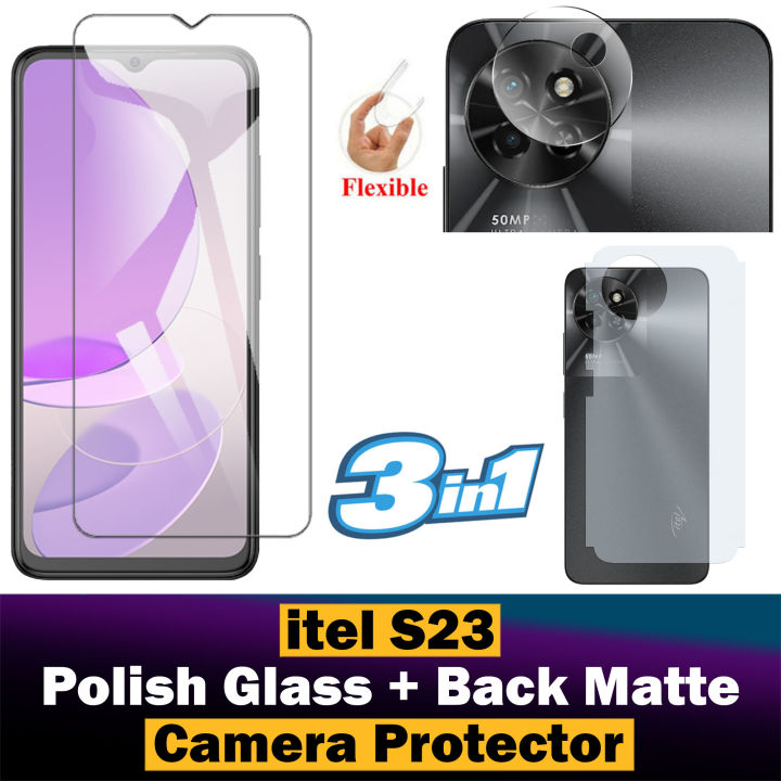 iTel S23 Glass Protector Polish Screen Tempered + Back Protector Carbon Fiber Matte Soft Skin Sheet + Back Rear Camera Protector 9H Gorilla Flexible Protection For iTel S23