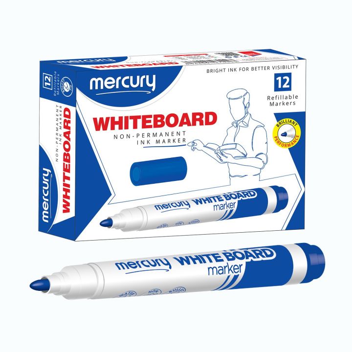 Mercury Whiteboard Marker (QTY-3 Markers) Round Tip - Refillable White Board Marker
