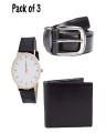 Pack Of 3 Casual Leather Belts,Wallet,Watch For Boys Black. 