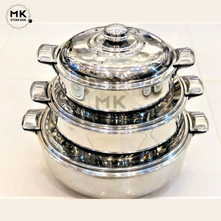 Hot Pot 3-Piece Set  | Rex Premium Quality Stainless Steel Hot Pot 3-Piece Set with Side Lock - Double Body, 2L, 3L, 5L Capacity, Hot/Cold Food Warmer, Export Quality