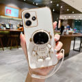 For Tecno Spark 20 / Spark 20C / Spark 20 Pro Back Cover with Lanyard + Cartoon Astronaut Folding Stand Luxury 6D Plating Square Frame Phone Case Shiny Soft Silicone Protective Cases Pouch Girls. 