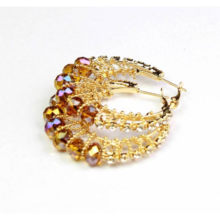 Golden Round Earring with Brown Beads And Zircons