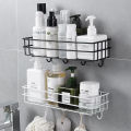 Premium Metal Shelf with 6 Hooks - Wall-Mounted Storage Organizer for Room and Bathroom, Sticky Hooks, Spice Rack, Shower Shampoo Holder, Bathroom Corner Frame, Corner Shower Shelf, Iron Shelf Stand - Black/White. 
