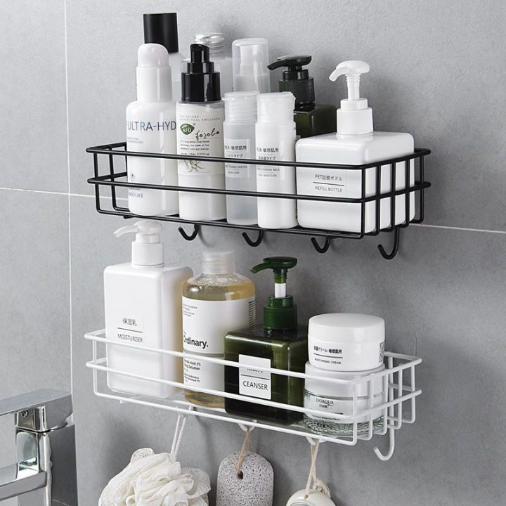 Premium Metal Shelf with 6 Hooks - Wall-Mounted Storage Organizer for Room and Bathroom, Sticky Hooks, Spice Rack, Shower Shampoo Holder, Bathroom Corner Frame, Corner Shower Shelf, Iron Shelf Stand - Black/White