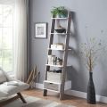 Two-Tone White and Walnut Finish 5 Tier Bookcase Shelf Ladder Leaning with Drawer - 72" Height. 