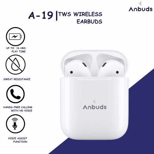 Anbuds A-19 - Wireless Earbuds - Airport - Active Noise Reduction Earpods With Built-in Mic - Airbuds - High Quality Earpods - Bluetooth Earphone