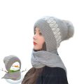 Winter Hooded Scarf with Pom Poms – Warm Braided One-Piece Beanie Hat, Neck & Ear Protection for Women Outdoor Casual Wear. 