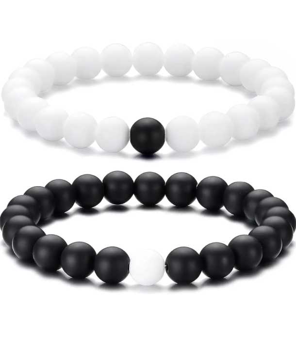 Set of 2 Pieces Black & White Bead Friendship Wrist Band / Bracelet for Couples & Friends. (Elasticated)
