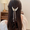 Crystal Pearl Angel Wings Hair Clip with Tassel for Women, Elegant Butterfly Design, Non-Slip, Perfect for Thick Long Hair. 