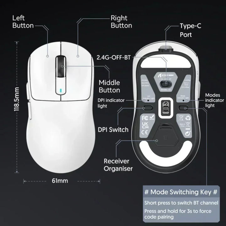 Attack%20Shark%20X3%20Lightweight%20Wireless%20Gaming%20Mouse%20with%203%20Mode%202.4G%20USB-C%20Wired%20Bluetooth%2026K%20DPI%20PAW3395%20Optical%20Sensor%20for%20PC/Laptop/Win/Mac%20-%20Image%203