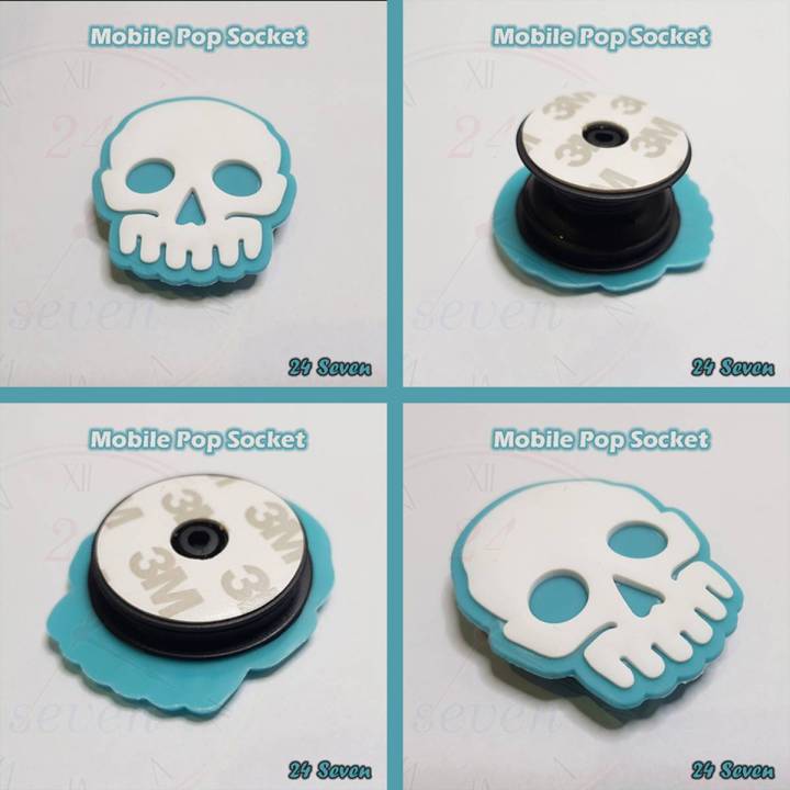 Universal Pop Socket For Mobiles / Tablets with Pop Clip (Bracket) - Skull and Paw - Cyan and Pink