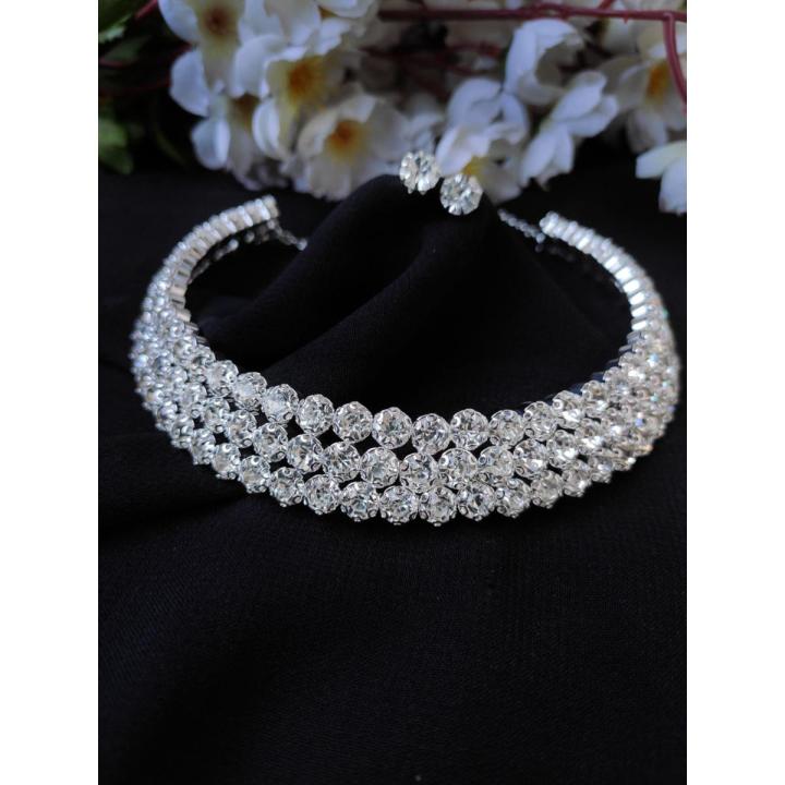 2 Layer Silver Stone Choker Set/Beautiful  Necklace Set Jewelry For Girl and Women 