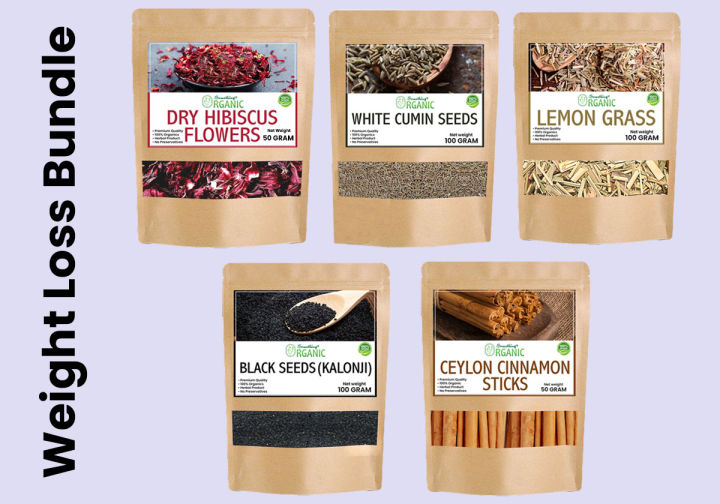 Weight Loss Pack Ceylon Cinnamon Sticks + Dry Hibiscus Flower + Lemon grass+ Kalongi Black Seeds + White Cumin Seeds Zeera Sufaid