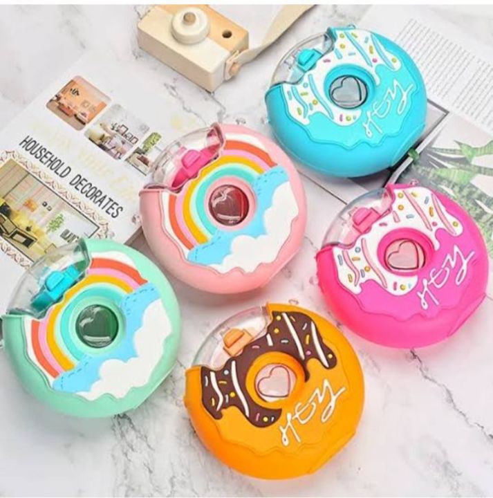 Donut Shape 350ml Silicone Drinking Bottle/water bottle Cute Portable School Kids Water Bottle with Straw /Strap New Design doughnut shape water bottles water bottles in doughnut shape
