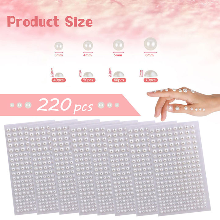 220pcs Mix 3mm/4mm/5mm/6mm Hair Pearls Stick On Self Adhesive Pearls Stickers Face Pearls Stickers for Hair Face Makeup Nail DIY Crafts Yao Store