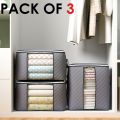 Pack of 3 cloths storage bag- large collapsible clothing organizer - wardrobe storage bags for cloths-clothes storage with zip-Foldable storage bag (Grey). 