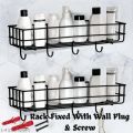 "Multipurpose Wall-Mounted Storage Rack - 1 Layer Metal Shelf with Hooks, Black Metal Shelf, Shower & Bathroom Storage Organizer, Kitchen Wall Rack, Durable Punch Frame, Space-Saving Design". 