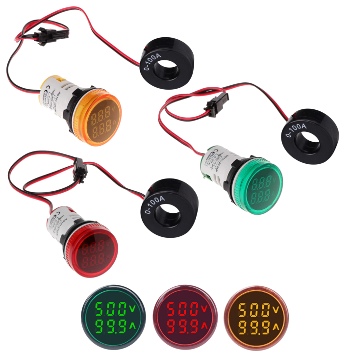 Round Digital AC Voltmeter+Ampmeter 2in1 50-500V 100A 22mm LED Current Indicator Voltage Meter Mini Volt Amp Tester Panel