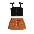 2PCS Toddler Girls Summer Clothes, Bow Strap Ribbed Knit Tank Tops + Belted Skirt Set. 