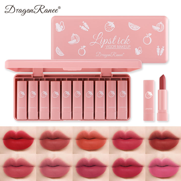 Dragon Ranee 10 Pieces Velvet Matte Pink Lipstick Set Long Lasting Makeup Waterproof Lipstick Set Makeup Set for Girls & Women's