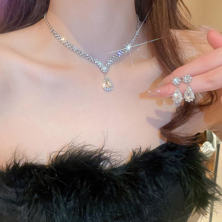 Fashion Simple Water Drop Crystal Rhinestone Necklace Earrings For Women Wedding Bride Light Luxury Jewelry Sets Accessories Qoddess