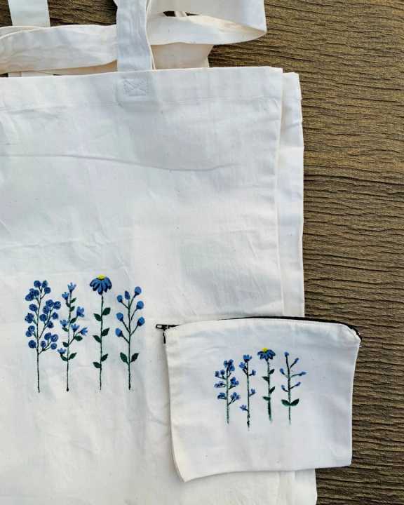 Easy Carry Customized Floral Handmade Tote Bag for School & University Girls  Cloud Denim - Personalized Eco-Friendly Carryall with Mini Pouch Pencil Case