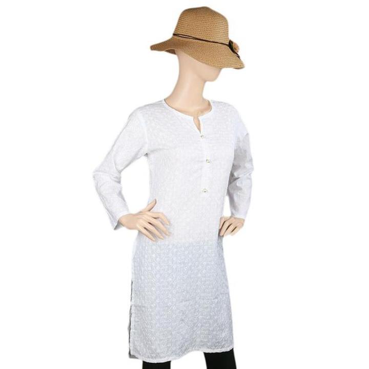 Chicken Kari Kurti White Color-1 White Chicken Kurti With Phulkari Shalwar And Chiffon Dupatta White Chicken Embroidery Kurtis with Beautiful Design Chicken Full Net Kurti With Lawn Inner And Back Premium Quality